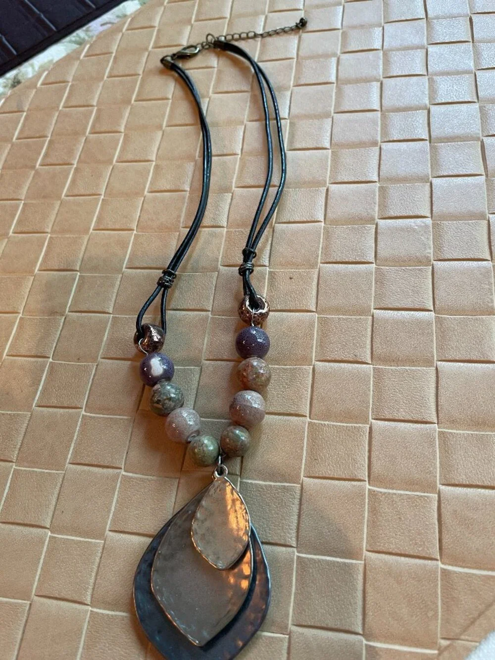 Handcrafted Necklace with Beads and Metal Brown 11 1/2